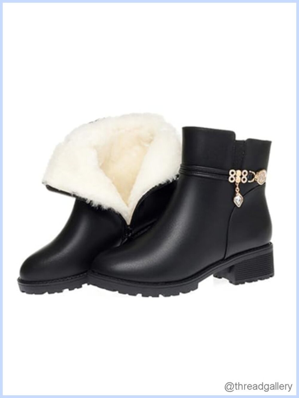 Women's Leather Ankle Booties Rhinestone Fur Lined Platform Snow Boots
